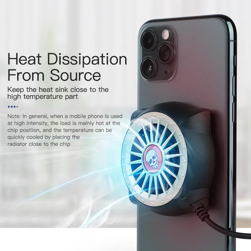 Black USB mobile phone cooling fan with suction cup base attached to smartphone