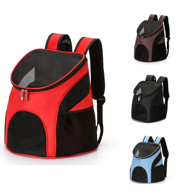 Red portable pet backpack carrier for a small dog, showing shoulder straps and front mesh panel.
