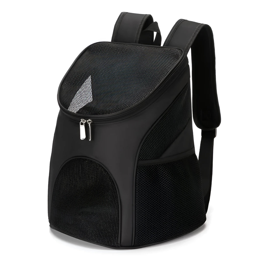 Red portable pet backpack carrier for a small dog, showing shoulder straps and front mesh panel.