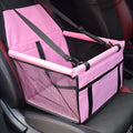 Pet car travel bag with safety strap showing dimensions and zipper pocket