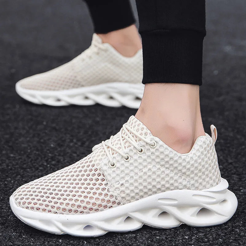 Hollow mesh breathable men's casual sneakers with artificial PU upper and rubber sole in white
