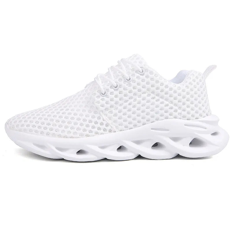 Hollow mesh breathable men's casual sneakers with artificial PU upper and rubber sole in white
