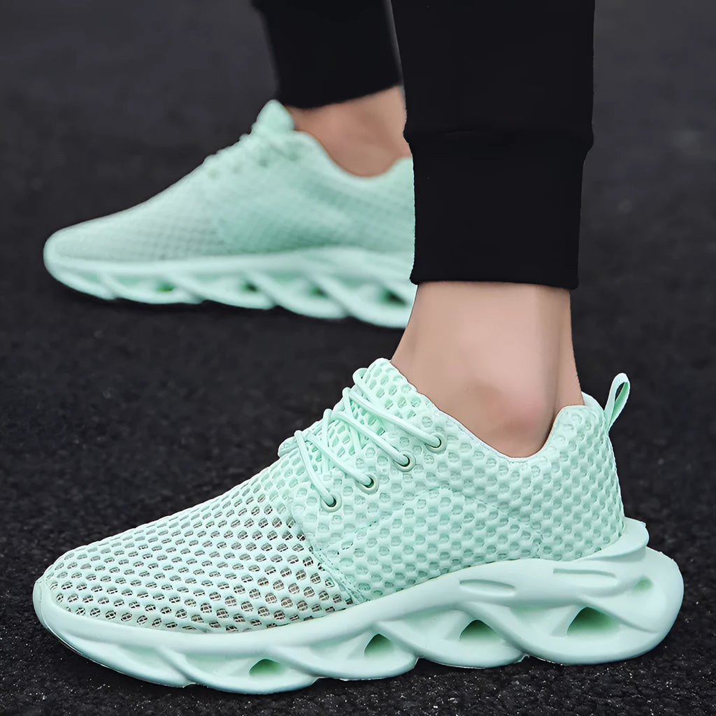 Hollow mesh breathable men's casual sneakers with artificial PU upper and rubber sole in white