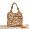 Woven straw medium square beach bag for women with soft double handles in camel colour
