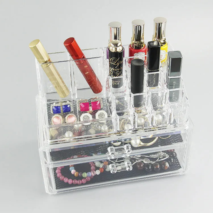 Clear foldable acrylic makeup storage organiser box with 18-litre capacity.