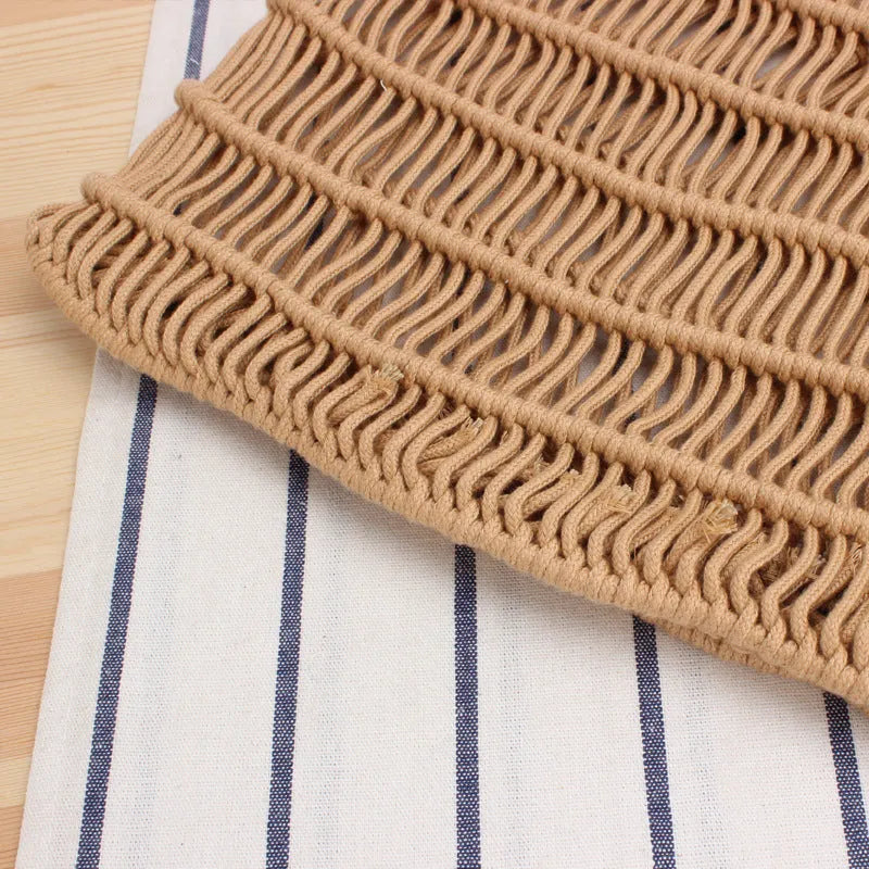 Woven straw medium square beach bag for women with soft double handles in camel colour