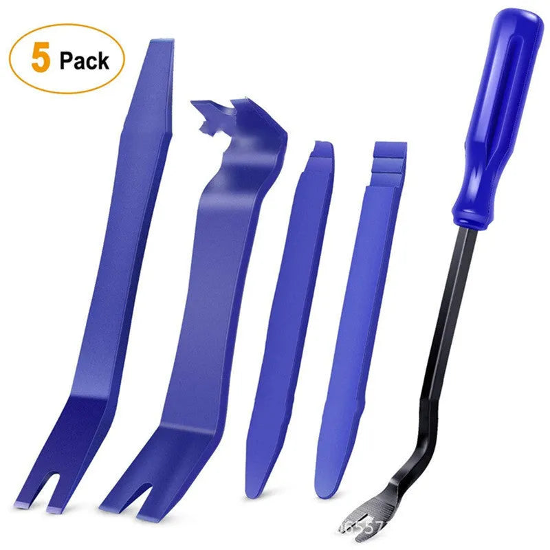 Tengyun 5-piece car audio disassembly tool kit with anti-scratch PP trim tools and blue 6-inch screwdriver