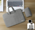 Blue PU leather laptop bag open to show internal organiser pockets for a computer, phone, and cards.