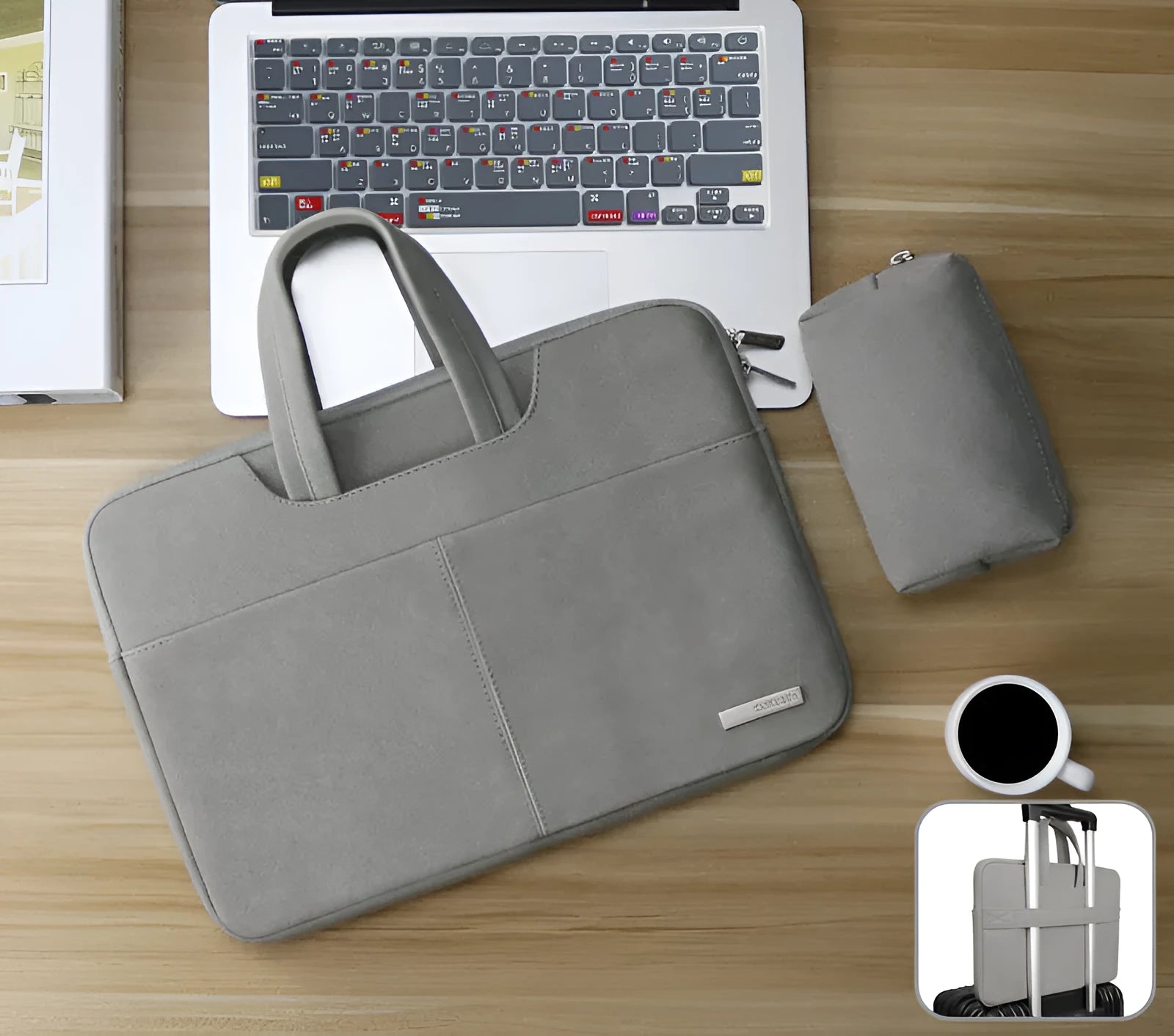 Blue PU leather laptop bag open to show internal organiser pockets for a computer, phone, and cards.