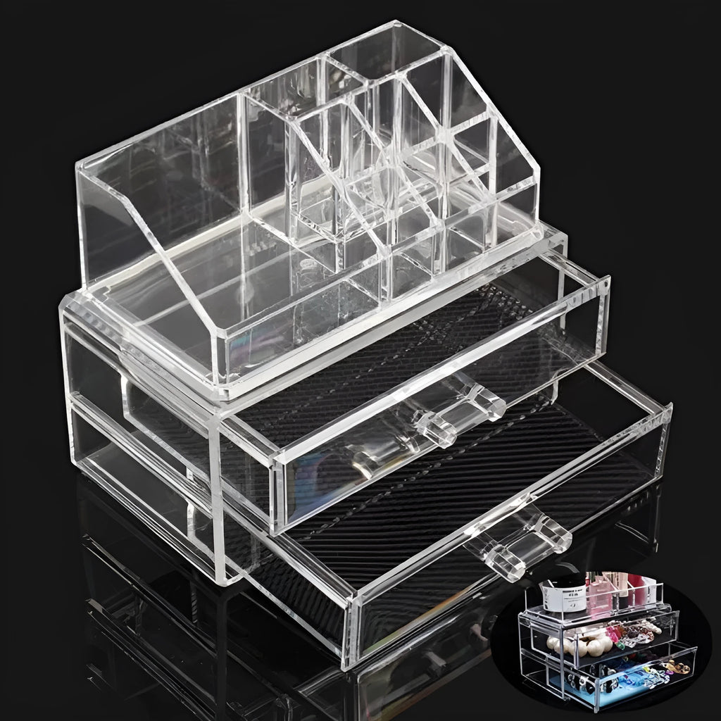 Clear foldable acrylic makeup storage organiser box with 18-litre capacity.