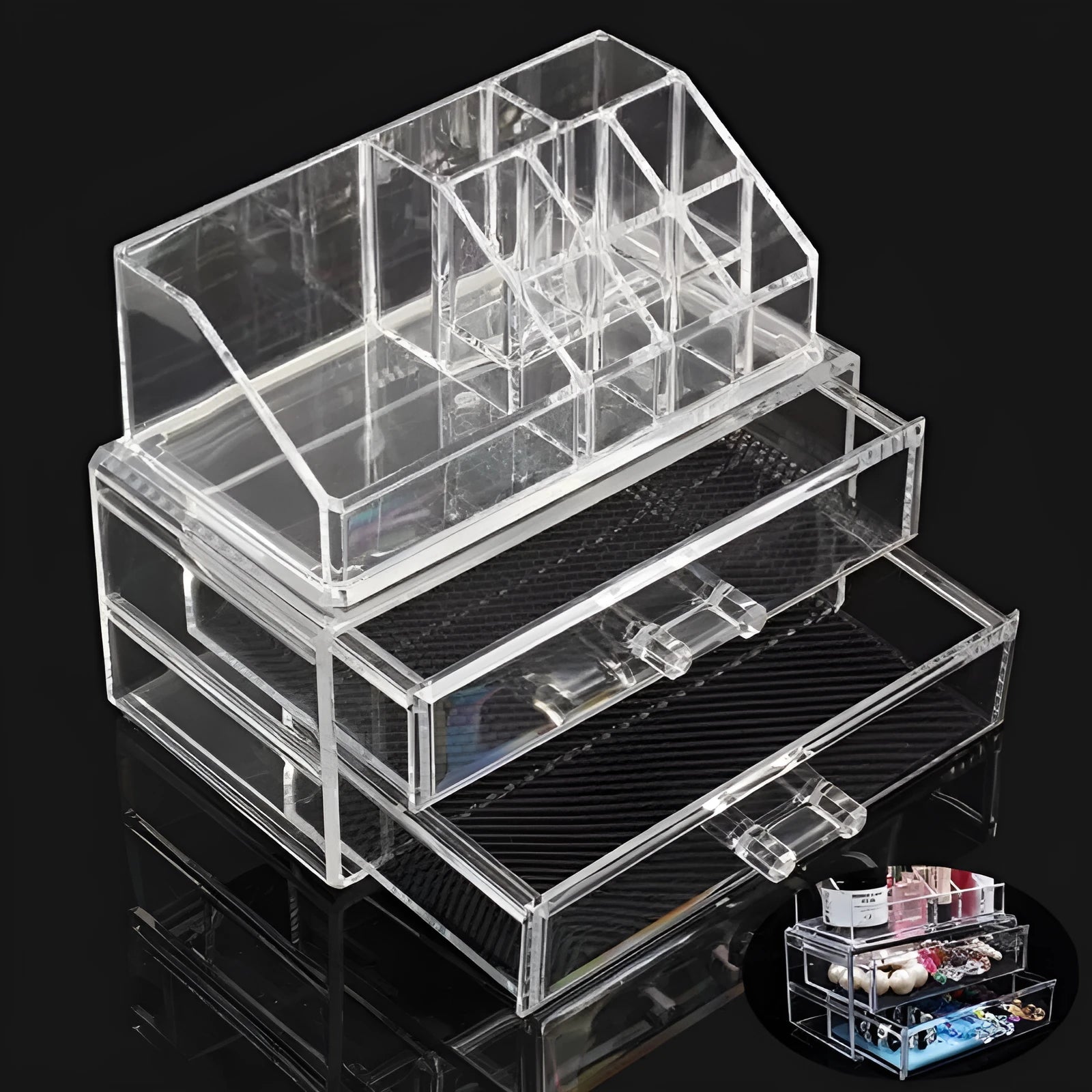 Clear foldable acrylic makeup storage organiser box with 18-litre capacity.