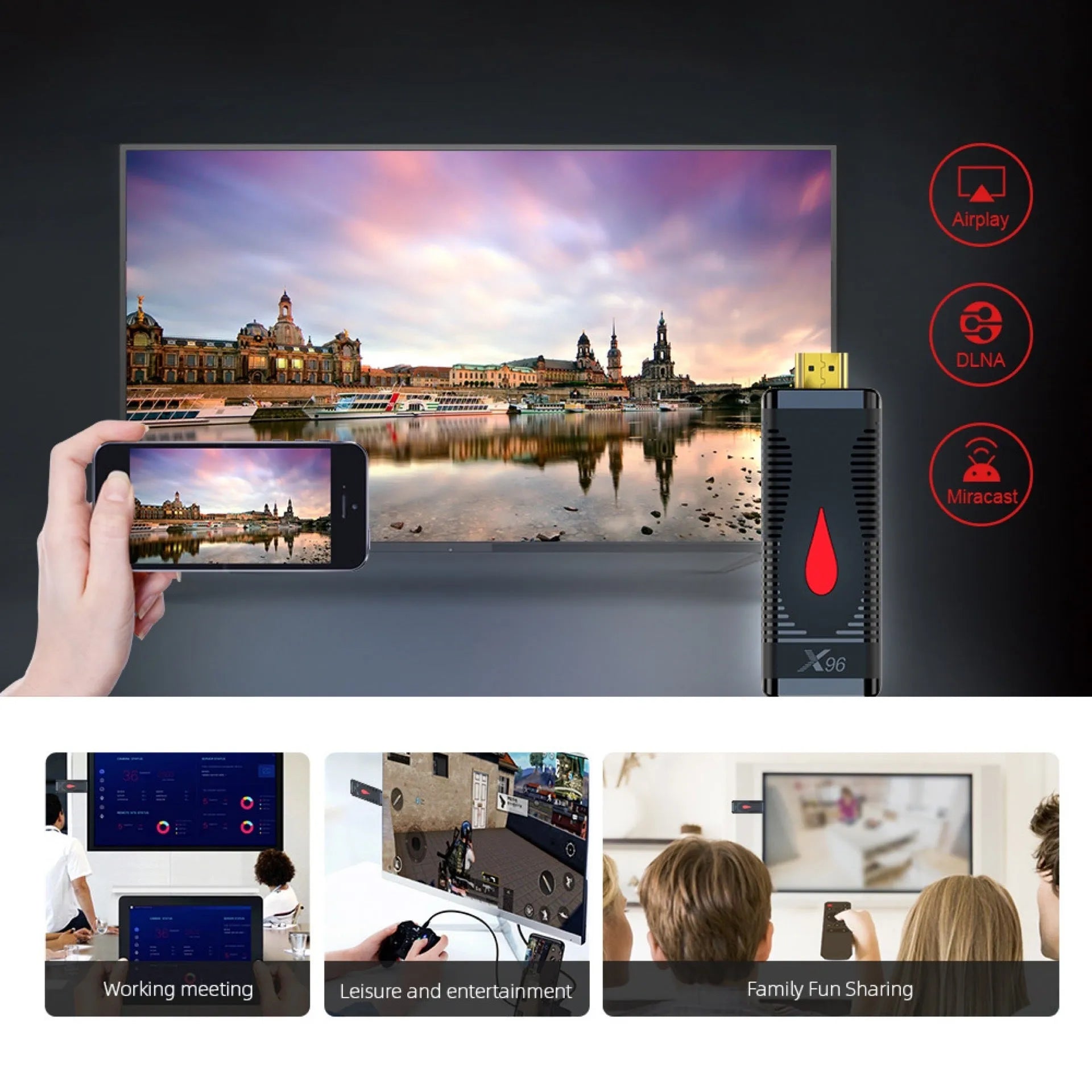 Small black Android TV set-top box dongle with remote control, power supply, and HDMI cable.