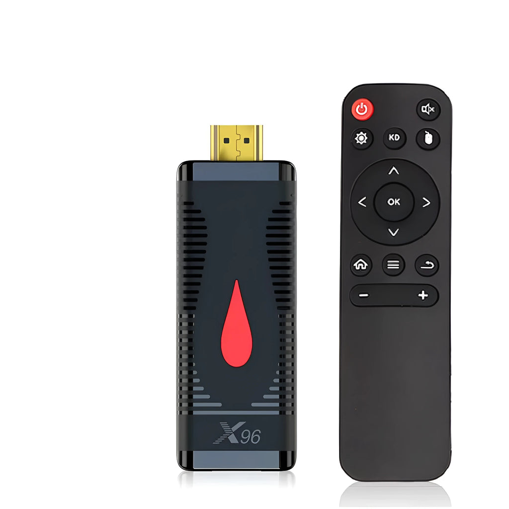 Small black Android TV set-top box dongle with remote control, power supply, and HDMI cable.