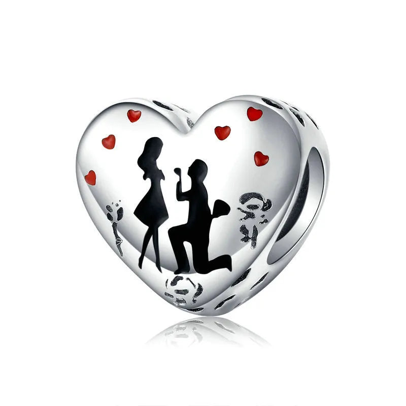 Sterling silver S925 loose bead pendant with romantic couple design, 1cm size, silver colour