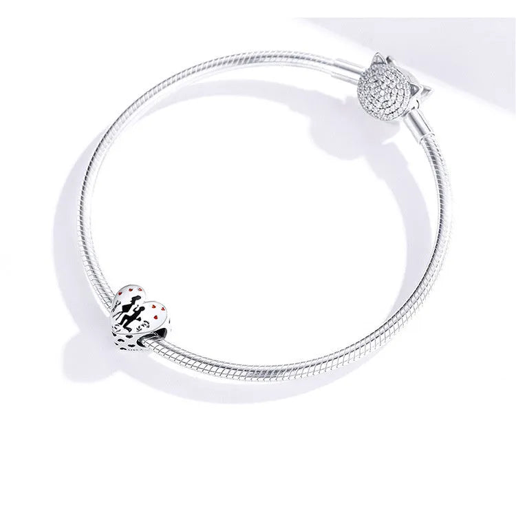 Sterling silver S925 loose bead pendant with romantic couple design, 1cm size, silver colour
