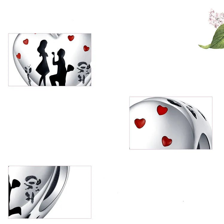 Sterling silver S925 loose bead pendant with romantic couple design, 1cm size, silver colour