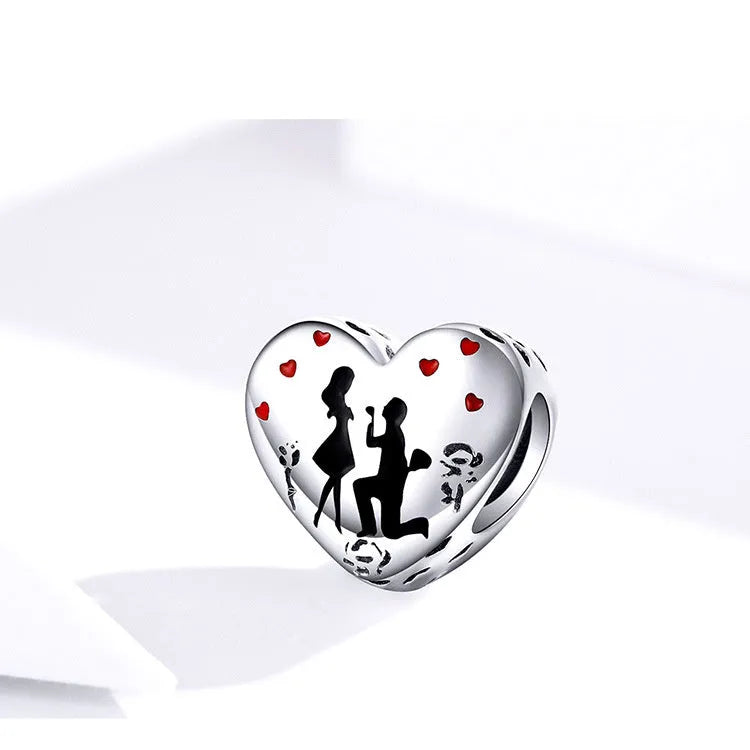 Sterling silver S925 loose bead pendant with romantic couple design, 1cm size, silver colour