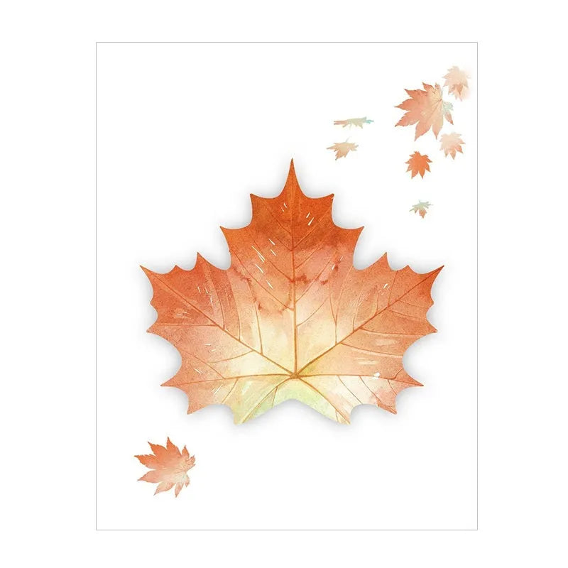 Set of eight leaf-shaped sticky notes with botanical designs including water lily, plantain, and maple leaf