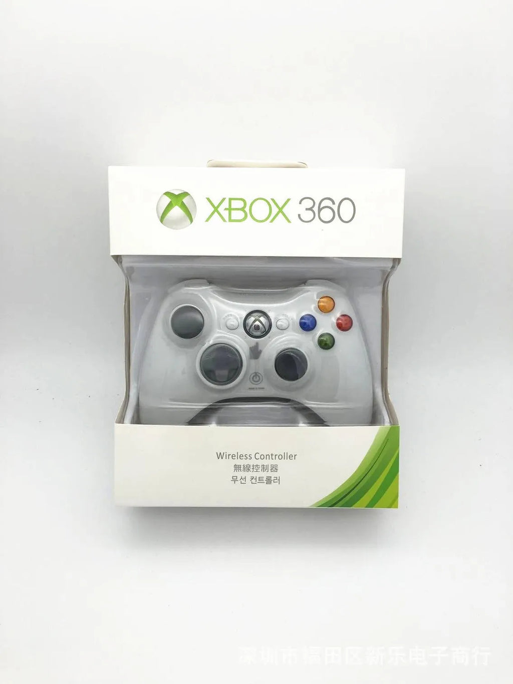 Xbox 360 Wireless Controller in black with thumbsticks, D-pad, and Xbox Guide button