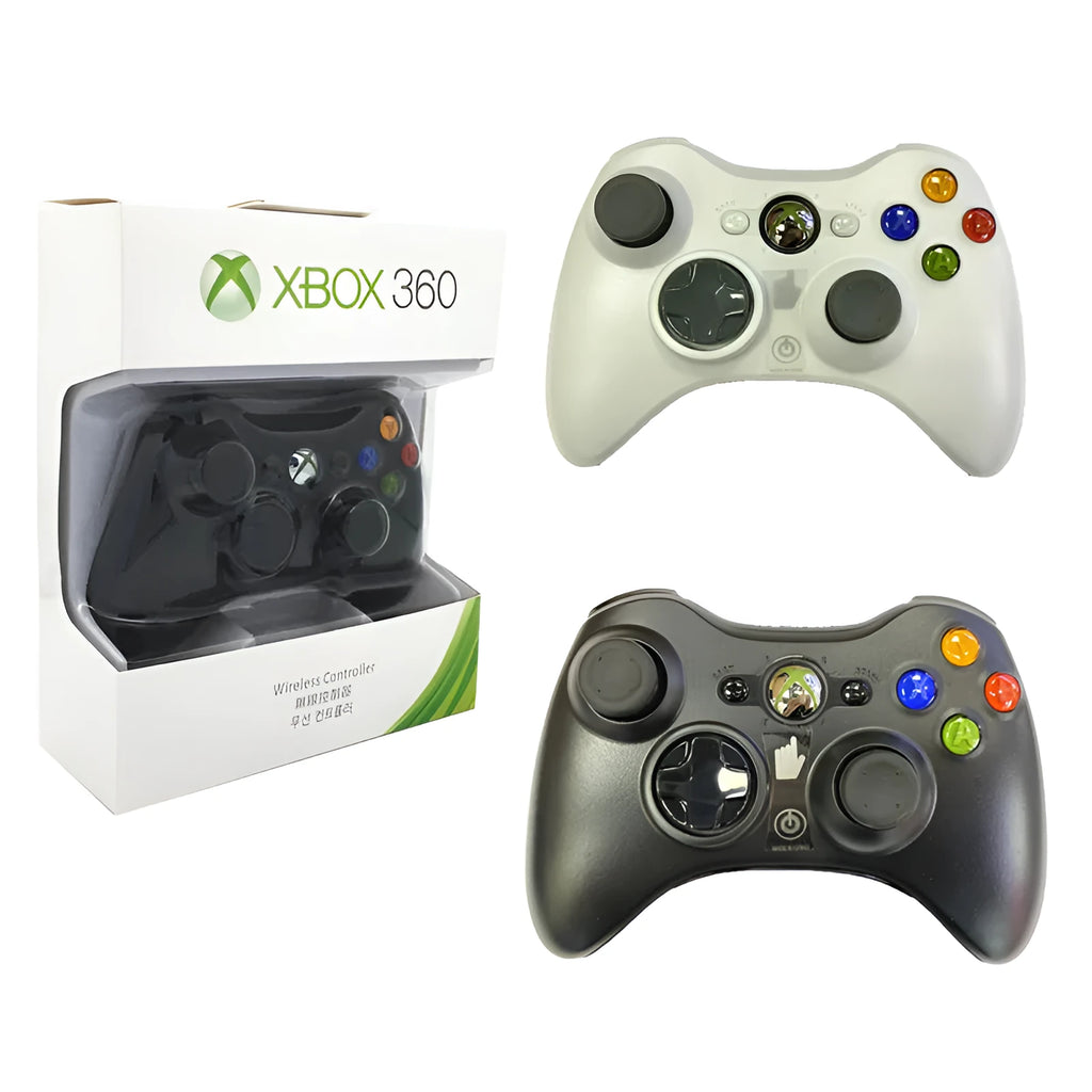 Xbox 360 Wireless Controller in black with thumbsticks, D-pad, and Xbox Guide button