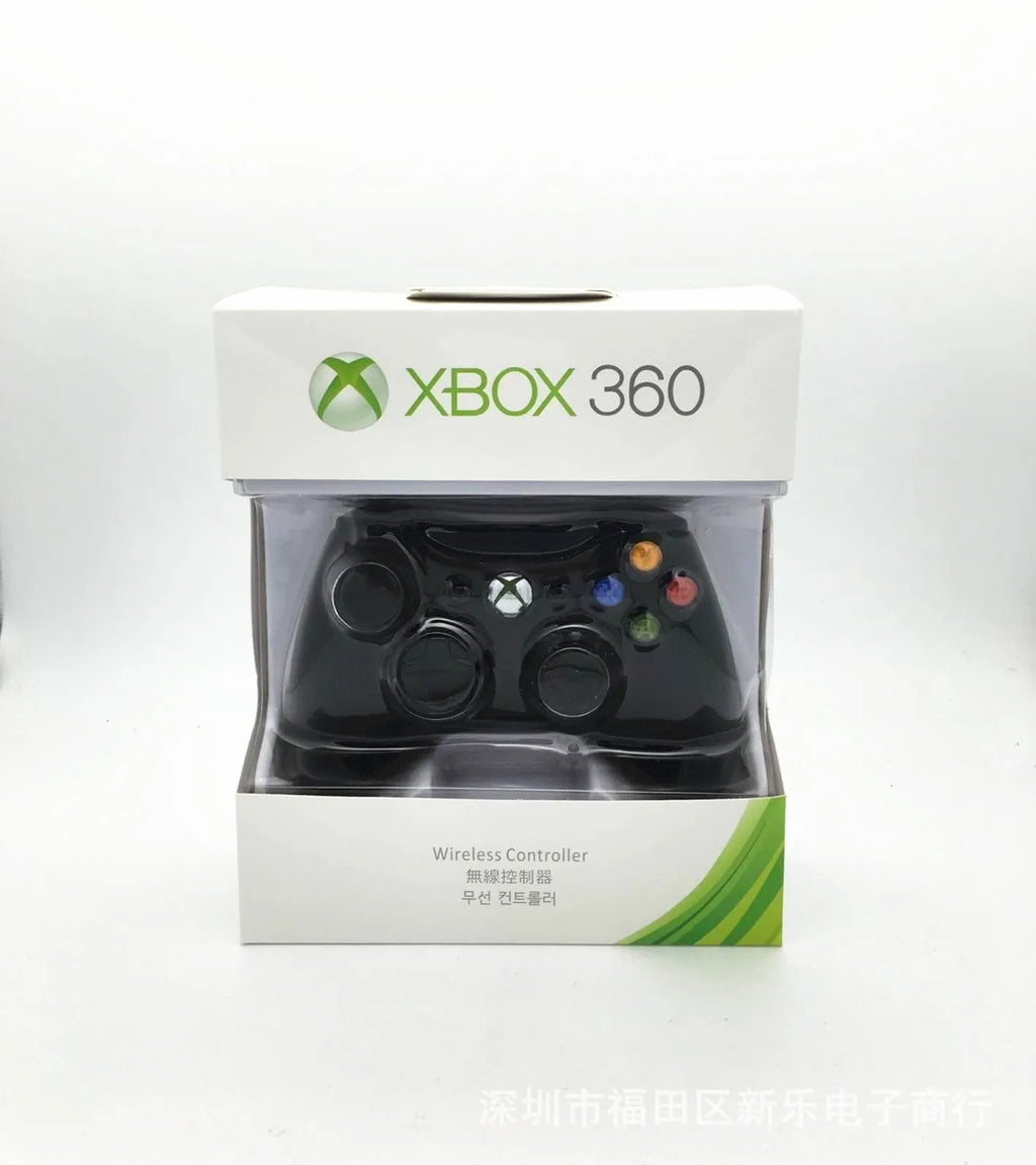 Xbox 360 Wireless Controller in black with thumbsticks, D-pad, and Xbox Guide button