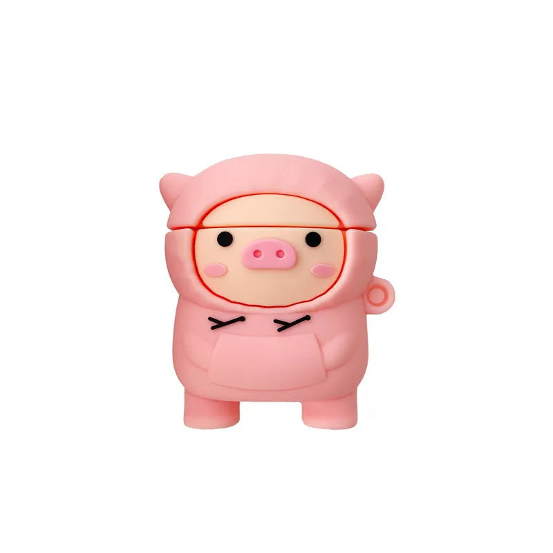 Pink cartoon pig silicone flip case with hook for Apple AirPods 1, 2, and Pro earphones.