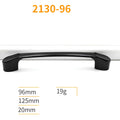 Black aluminium alloy cabinet handles and knobs showing 96mm, 128mm, and 192mm hole spacing options.