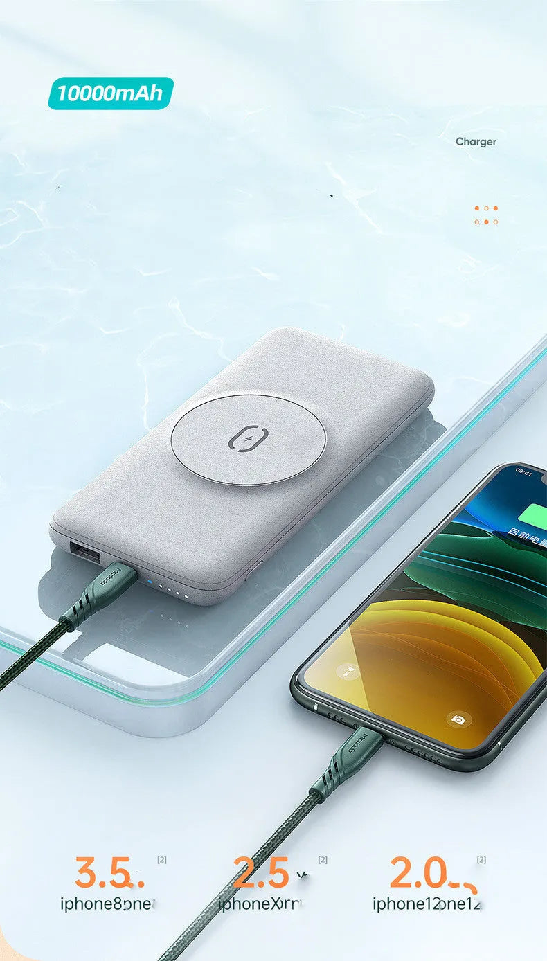 Mint green magnetic wireless power bank with a back clip, showing MagSafe compatibility and 10000mAh capacity.