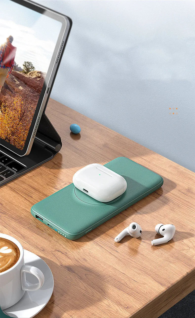 Mint green magnetic wireless power bank with a back clip, showing MagSafe compatibility and 10000mAh capacity.