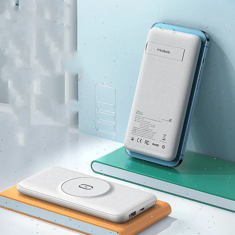 Mint green magnetic wireless power bank with a back clip, showing MagSafe compatibility and 10000mAh capacity.