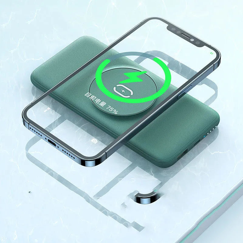 Mint green magnetic wireless power bank with a back clip, showing MagSafe compatibility and 10000mAh capacity.