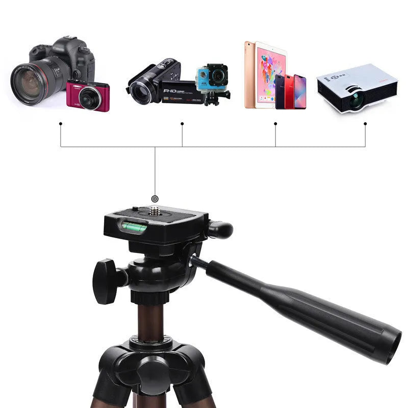 Black aluminium alloy camera tripod extended to 1.3 metres with mobile phone holder attached