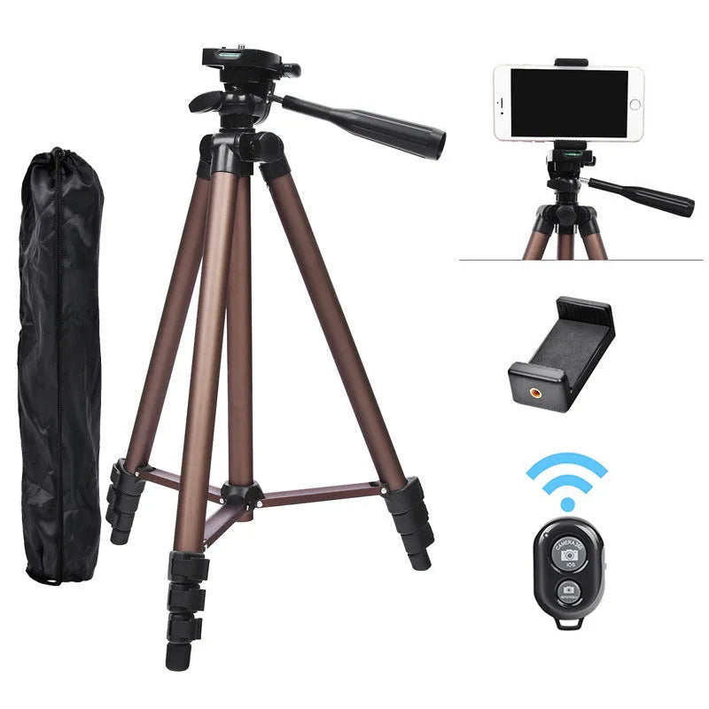 Black aluminium alloy camera tripod extended to 1.3 metres with mobile phone holder attached