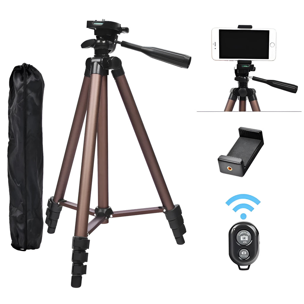 Black aluminium alloy camera tripod extended to 1.3 metres with mobile phone holder attached