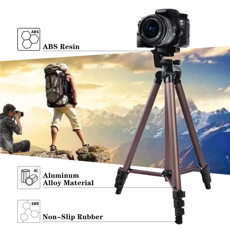 Black aluminium alloy camera tripod extended to 1.3 metres with mobile phone holder attached