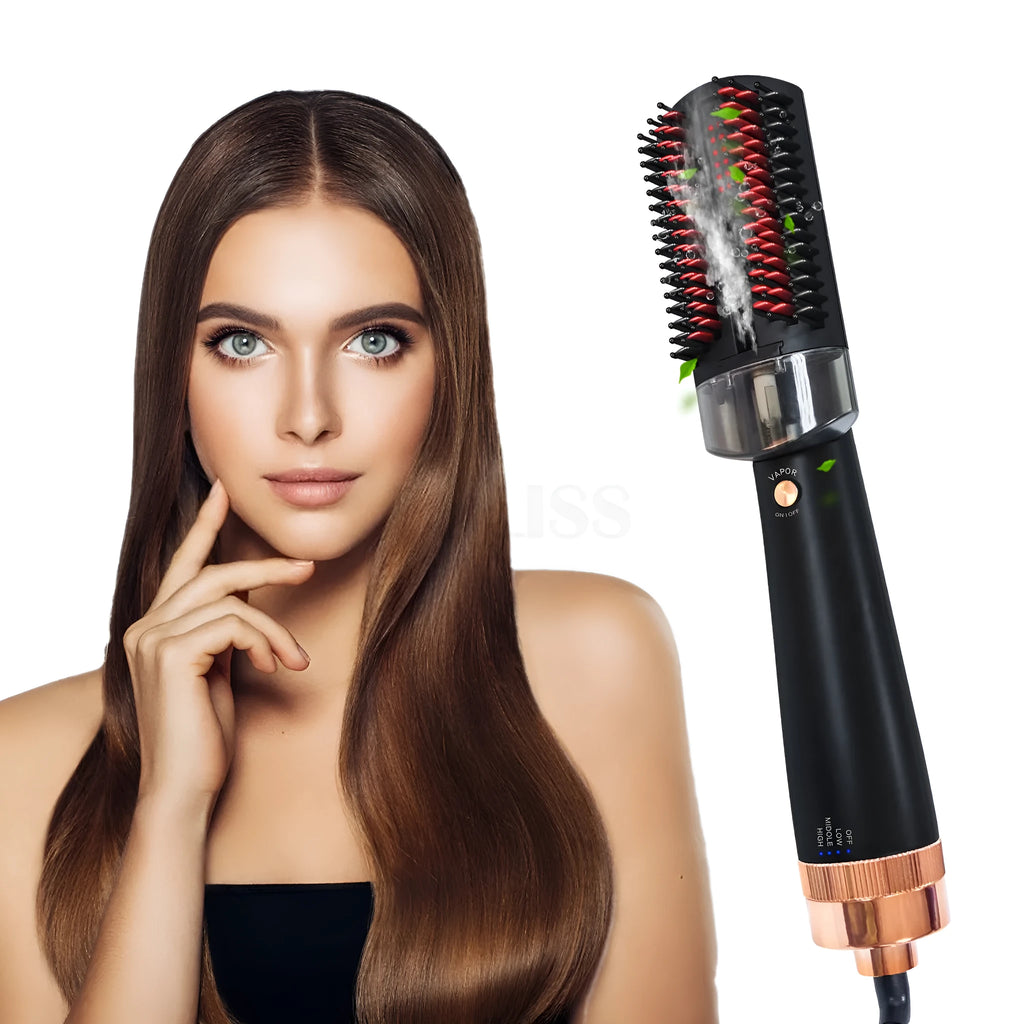 Black and pink wet and dry ionic hot air comb with tourmaline ceramic barrel and temperature dial.