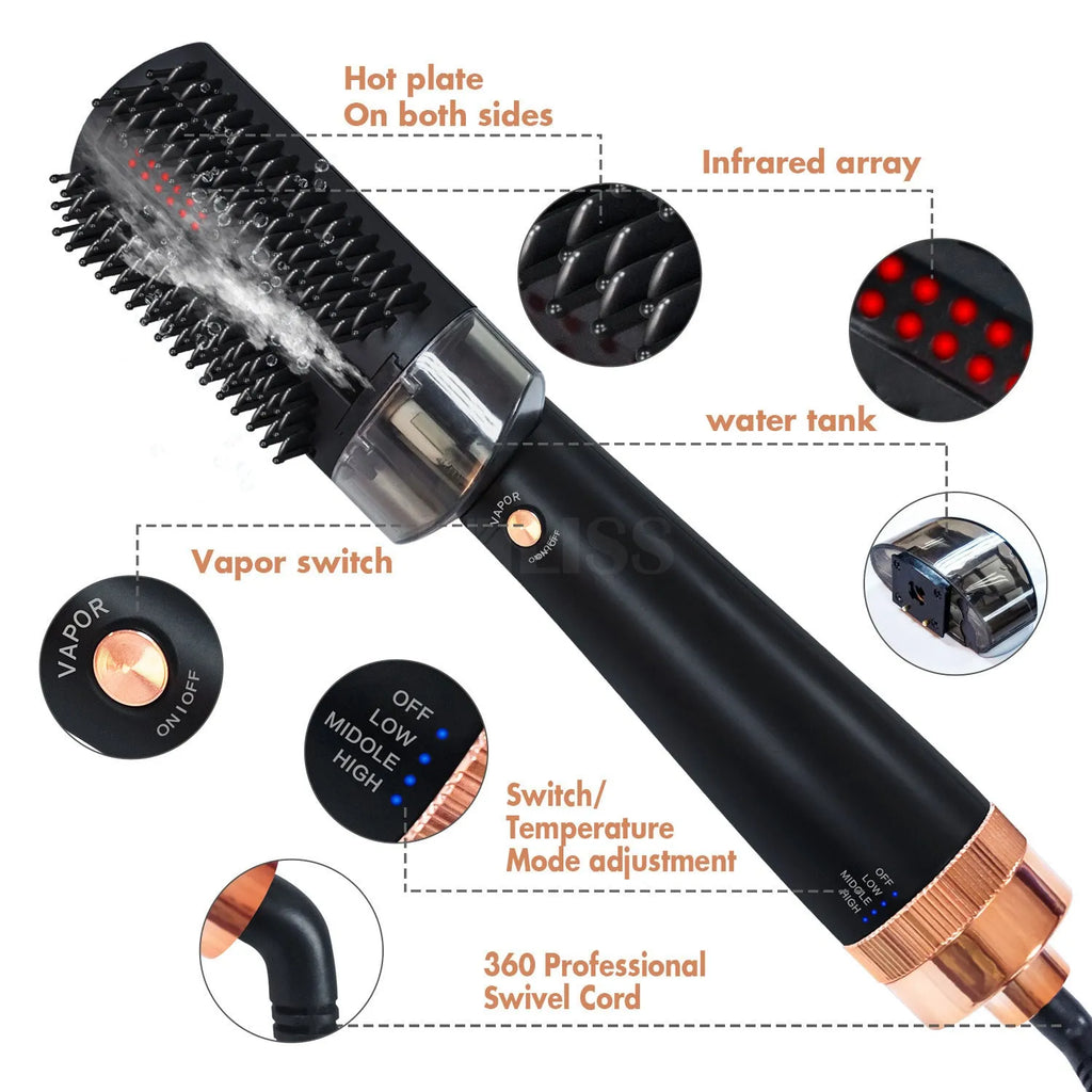 Black and pink wet and dry ionic hot air comb with tourmaline ceramic barrel and temperature dial.
