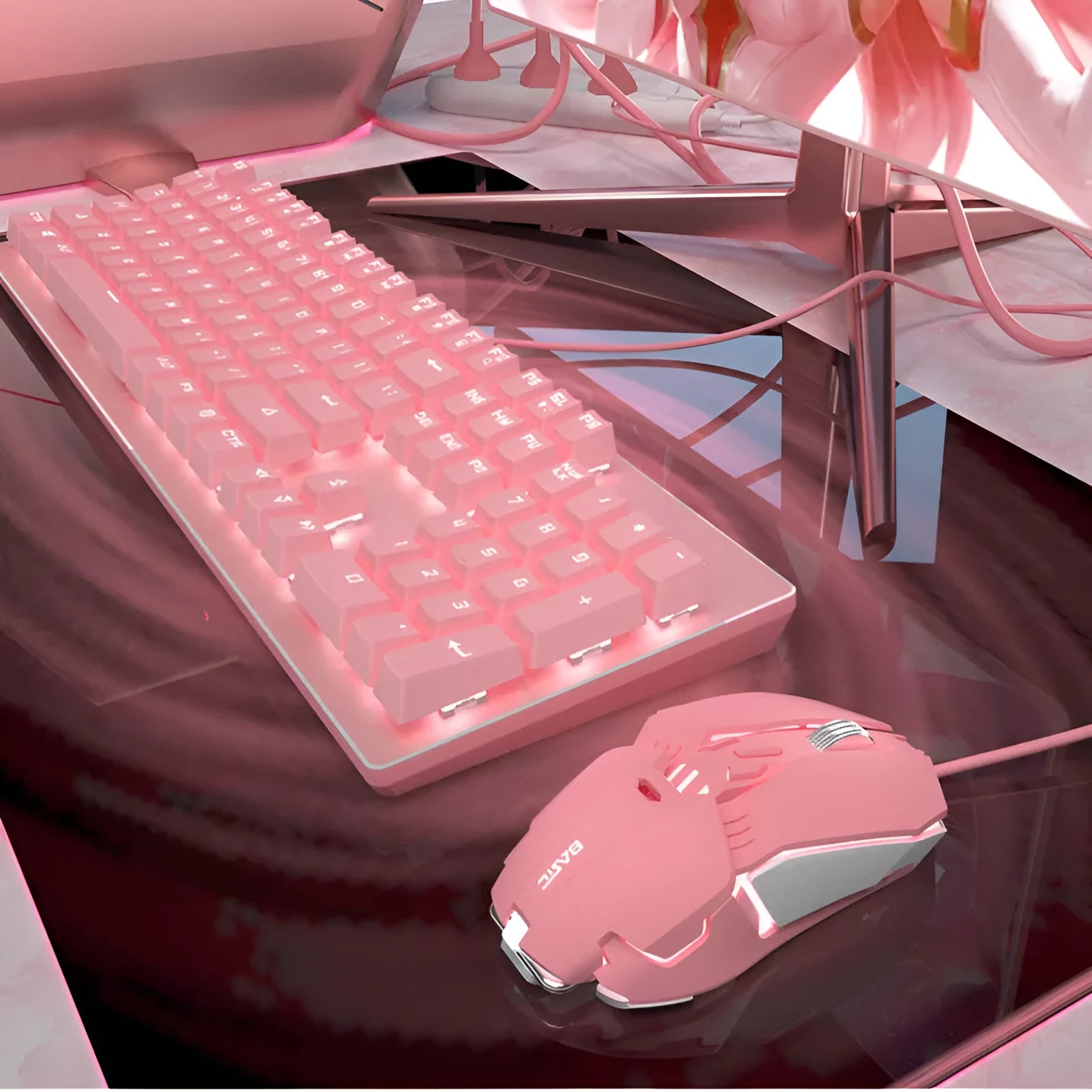 Pink mechanical keyboard with white backlight and matching wired mouse, USB connection