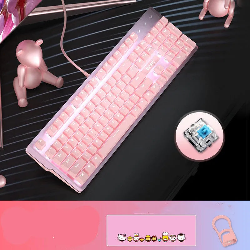Pink mechanical keyboard with white backlight and matching wired mouse, USB connection