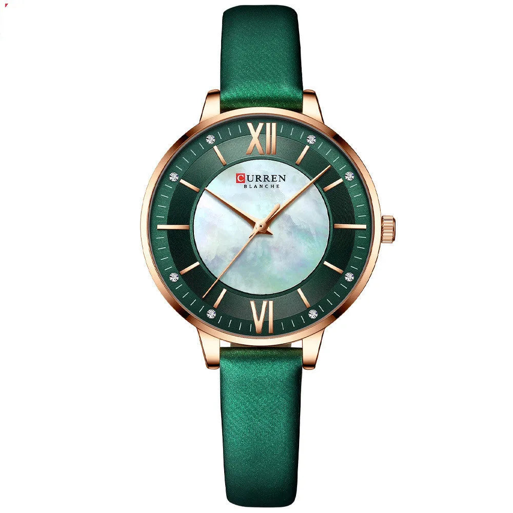 Women's Leisure Analogue Quartz Watch with Genuine Leather Strap, 35mm Round Alloy Case, 9mm Thickness, 10m Water Resistance, Rose Shell Colour Options, Casual Style for Everyday Wear