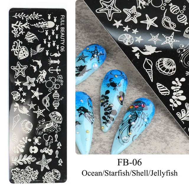 Stainless steel nail stamping plate with lover, flower, and ocean patterns 12x4cm