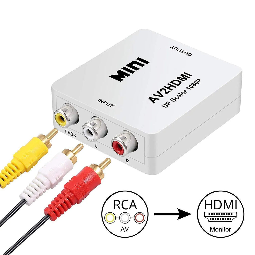 Black and white AV to HDMI converter with RCA inputs and a short HDMI cable