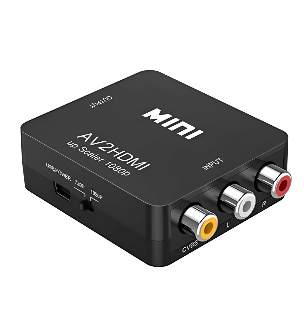 Black and white AV to HDMI converter with RCA inputs and a short HDMI cable