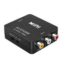 Black and white AV to HDMI converter with RCA inputs and a short HDMI cable