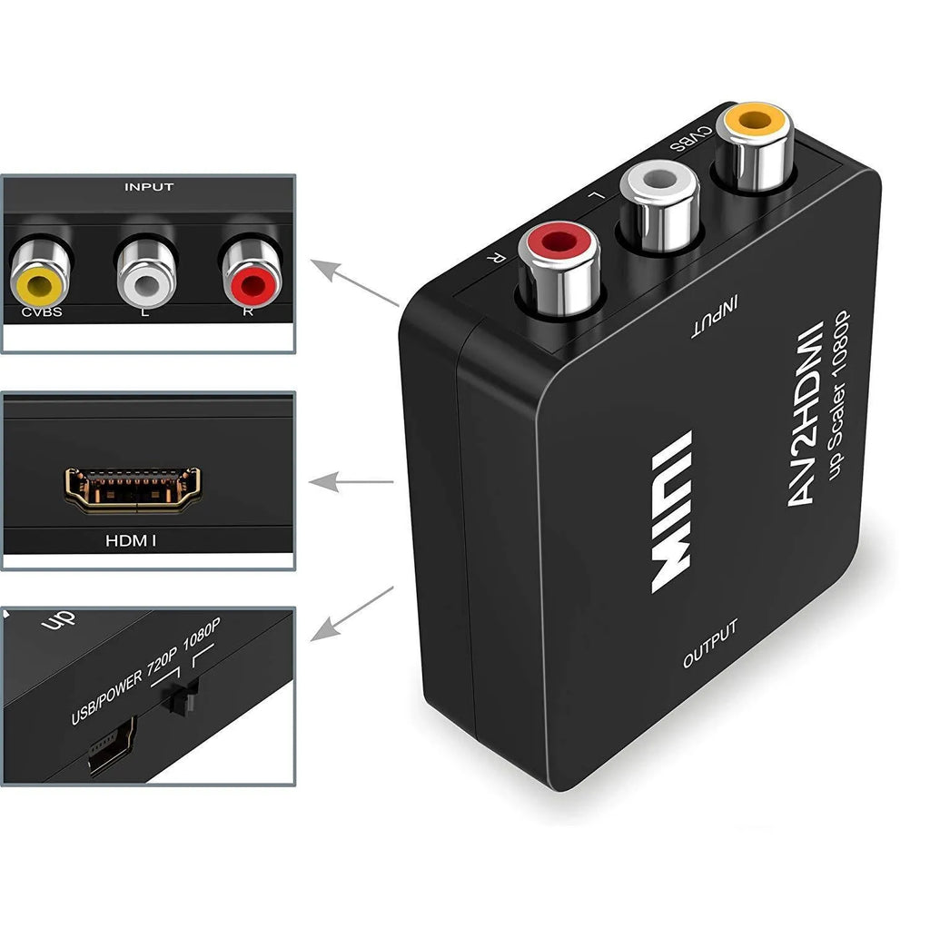 Black and white AV to HDMI converter with RCA inputs and a short HDMI cable