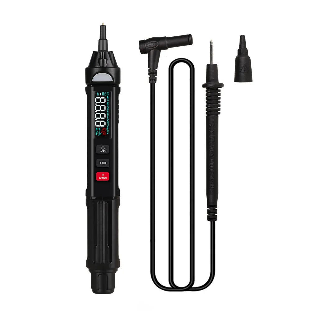 ET8906 ET8908 auto-ranging digital multimeter with test leads on a workbench.