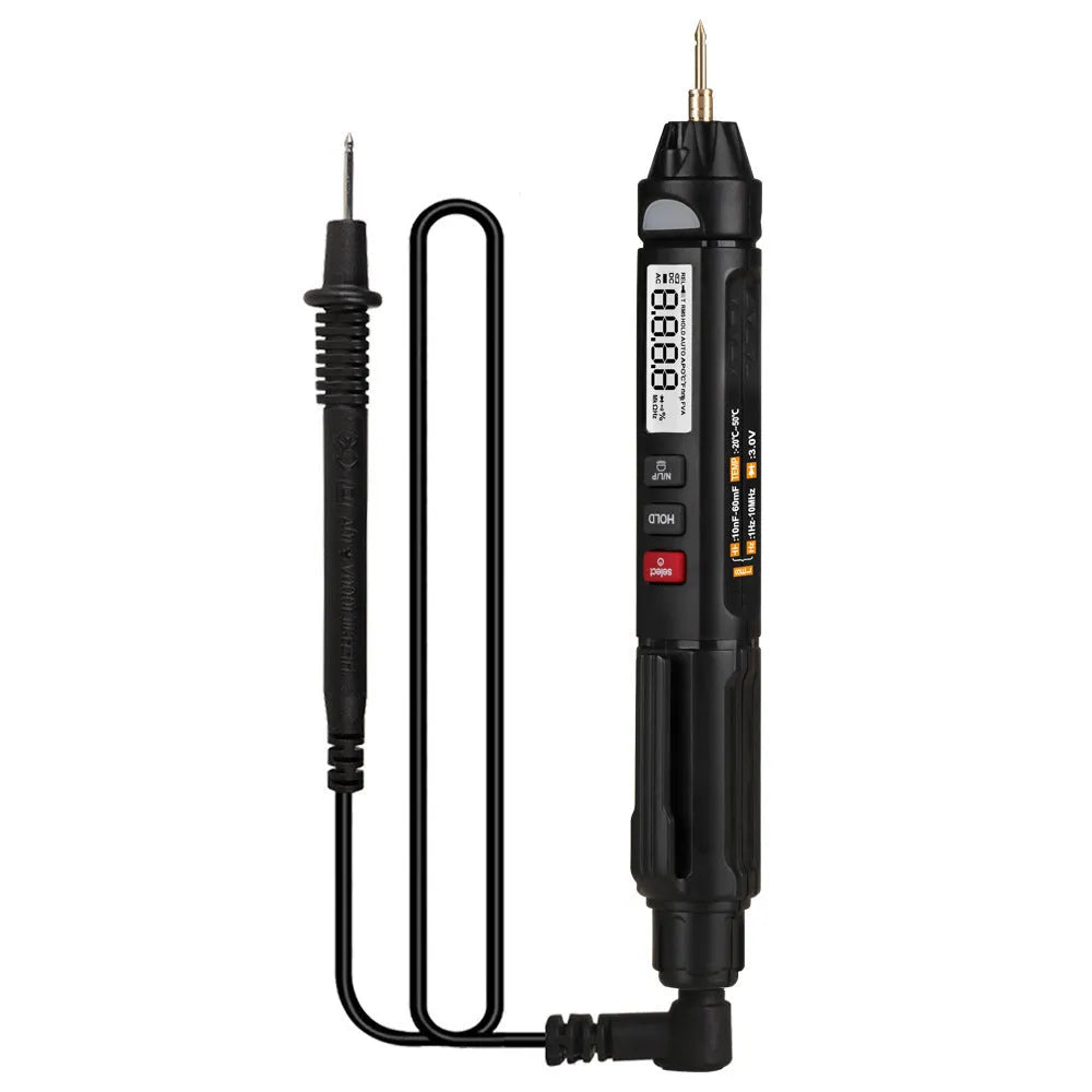 ET8906 ET8908 auto-ranging digital multimeter with test leads on a workbench.