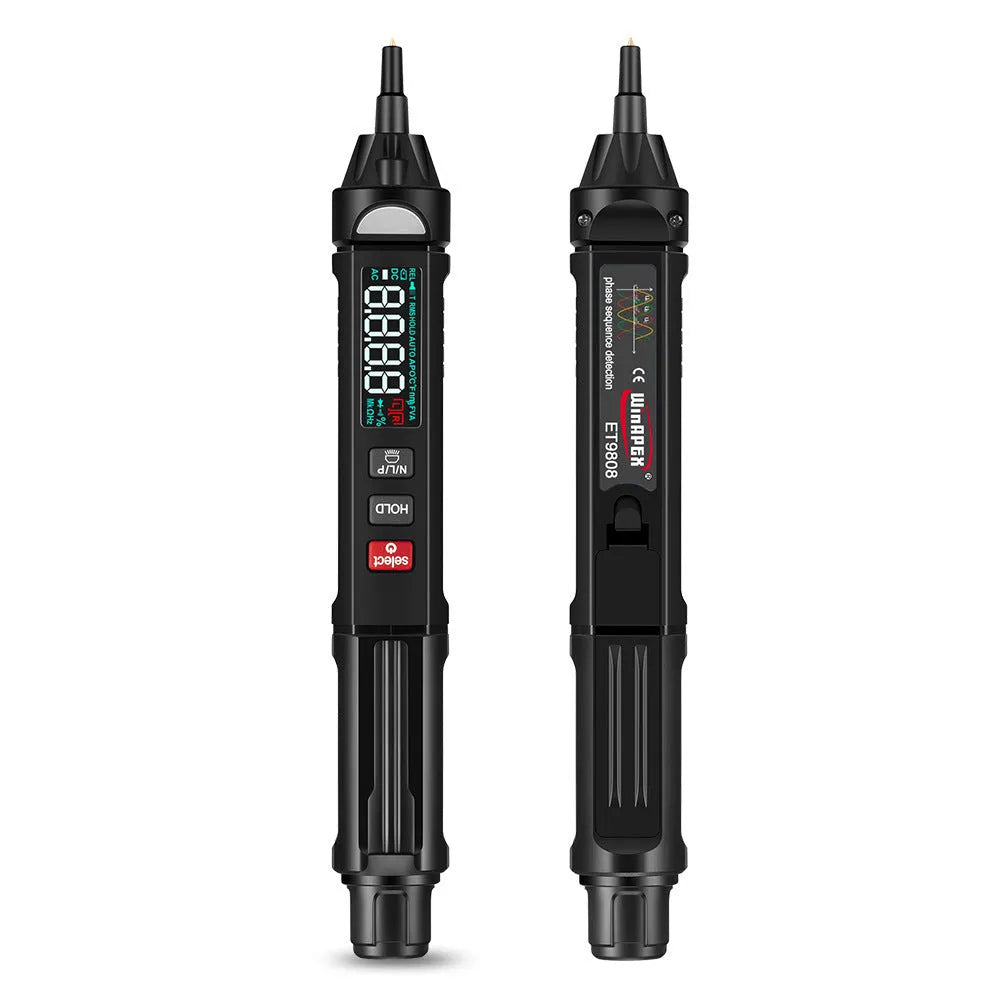 ET8906 ET8908 auto-ranging digital multimeter with test leads on a workbench.