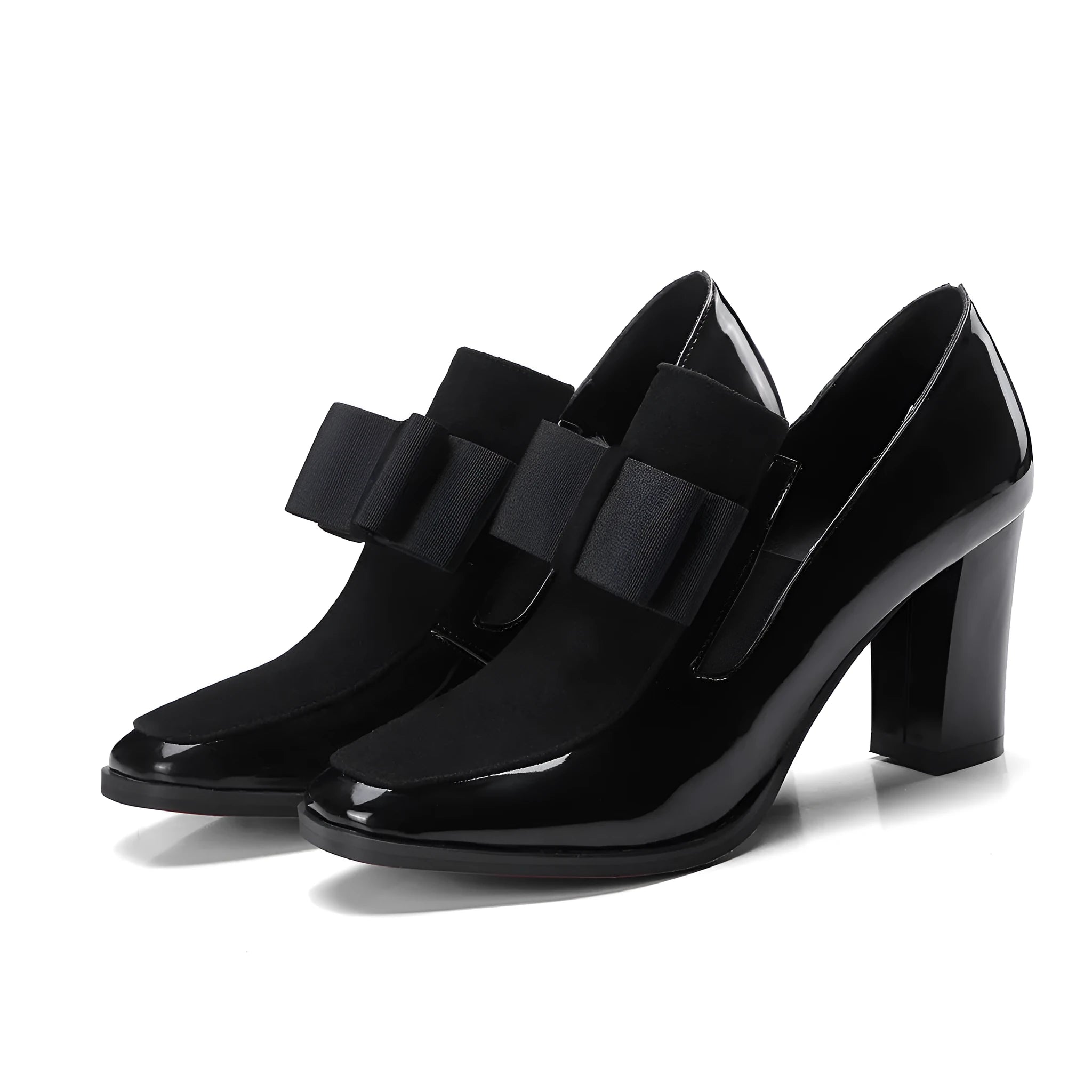 Women's black patent leather thick heel shoes with square toe and 8cm block heels