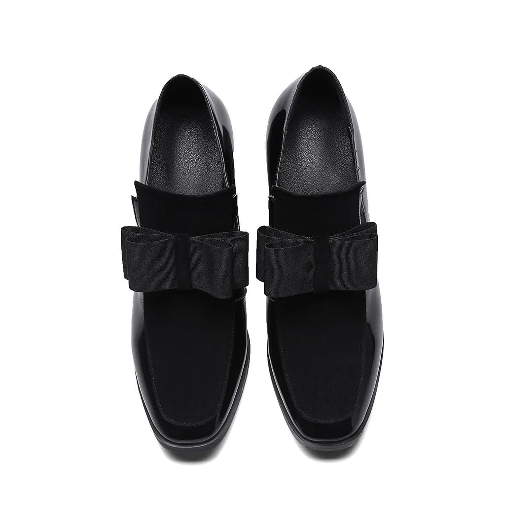 Women's black patent leather thick heel shoes with square toe and 8cm block heels